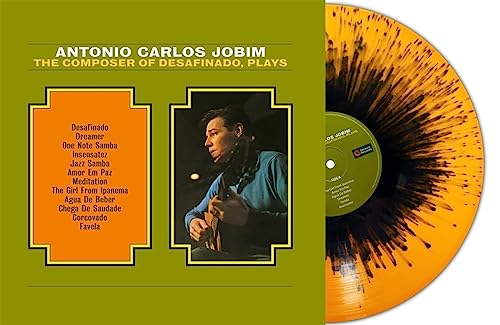 Antonio Carlos Jobim album cover and orange/black splatter vinyl record.