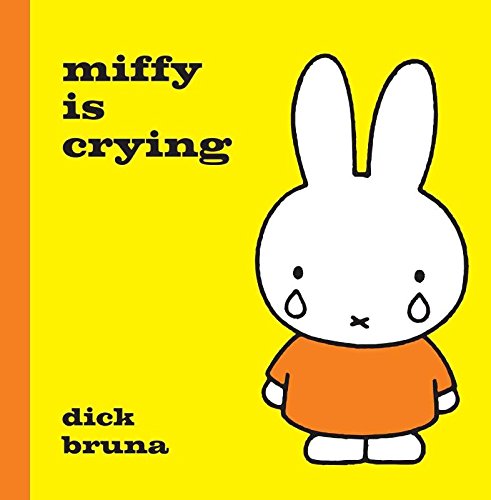 White Miffy rabbit with teardrops on a yellow background.