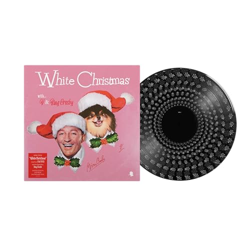 White Christmas" vinyl record featuring Bing Crosby and a dog in Santa hats.