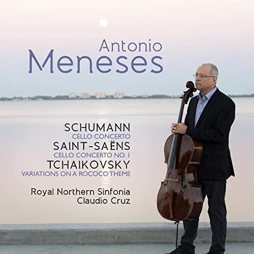Album cover featuring cellist Antonio Meneses standing with his cello by a waterfront.