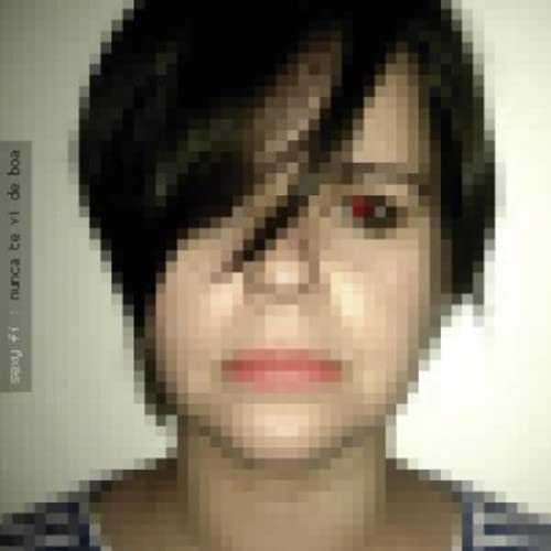 Pixelated portrait of a person with dark hair and one red eye.
