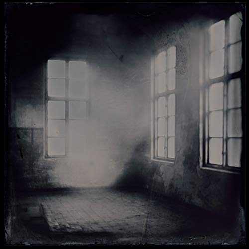 Dark, grainy image of an empty room with windows and peeling walls.