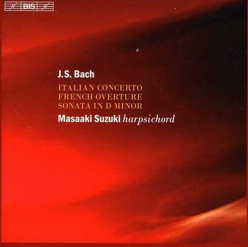 Red CD cover featuring text: J.S. Bach, Italian Concerto, Masaaki Suzuki.
