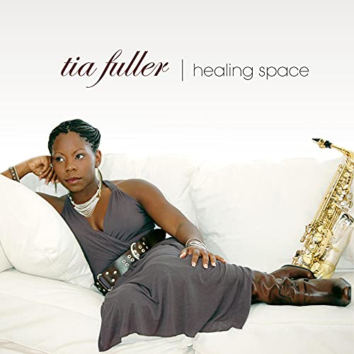 Tia Fuller album cover: woman with saxophone, wearing a gray dress.