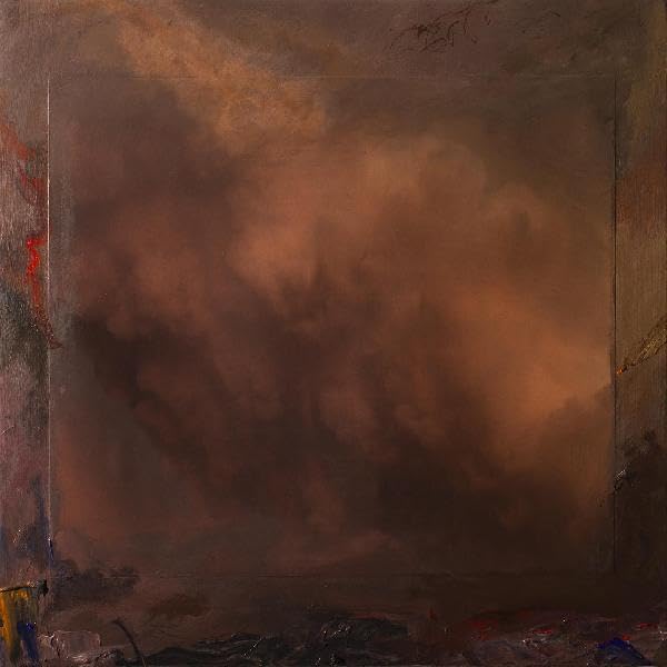 Abstract painting with brown and red tones, square format.