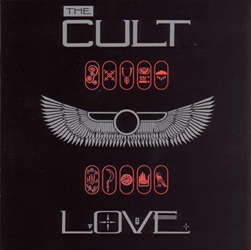 The Cult “Love” CD cover: black background, red symbols, and white wings.