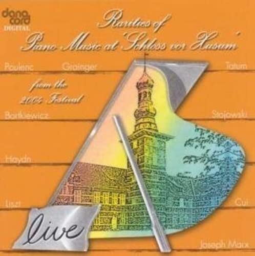 CD cover: piano shaped like a building, orange background, “live” text.