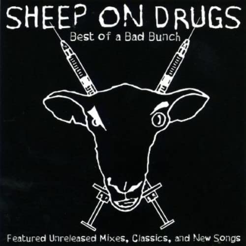 White outline of a sheep’s head with syringes, on black background.