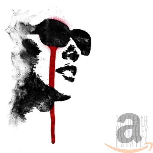 Black and white abstract face with red dripping paint, CD cover.