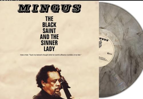 Charles Mingus album cover and grey marble vinyl record shown.