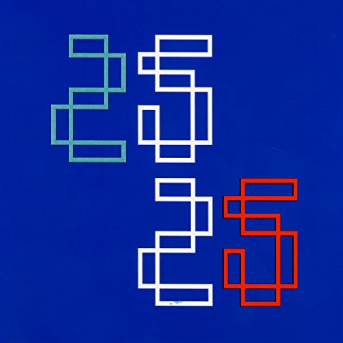 Blue background with stacked, geometric white, teal, and red numbers "25 25".