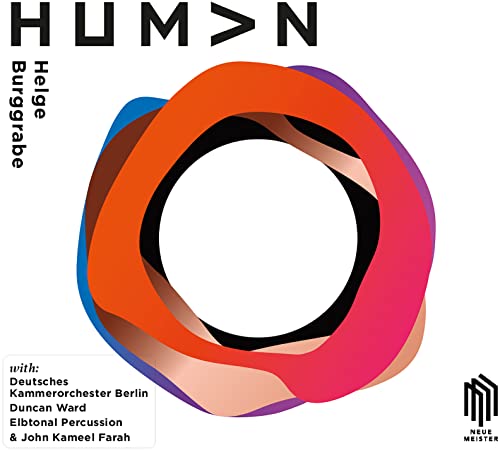 CD cover: abstract colorful rings with "HUMAN" text and orchestra details.