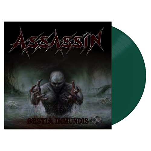 Assassin album cover with a monstrous figure and a green vinyl record.