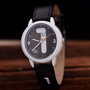 Wristwatch with a white face, black leather strap, and cartoon sheep design.