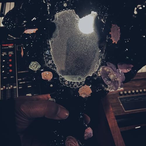 Dark vinyl record with colorful embedded objects and studio equipment.