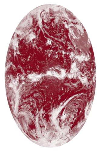 Red and white swirling pattern on a rounded shape resembling a planet or globe.