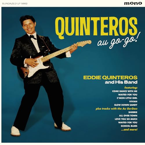 Eddie Quinteros in a suit playing a white electric guitar, album cover.