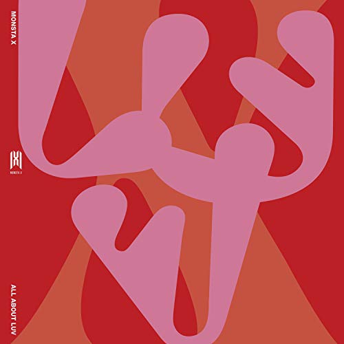 Monsta X “All About Luv” CD cover: abstract pink shapes on red background.