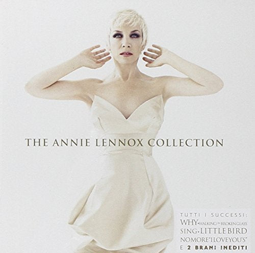 Annie Lennox album cover, pale dress, white background, Italian text.