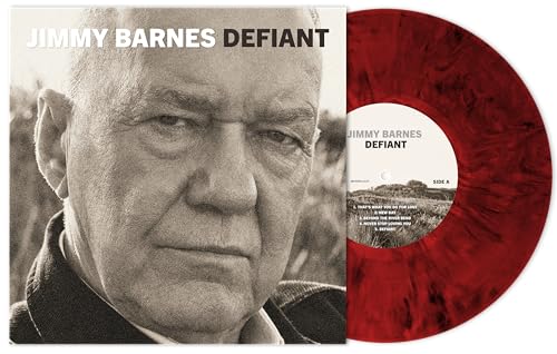 Jimmy Barnes “Defiant” album cover and red marbled vinyl record.