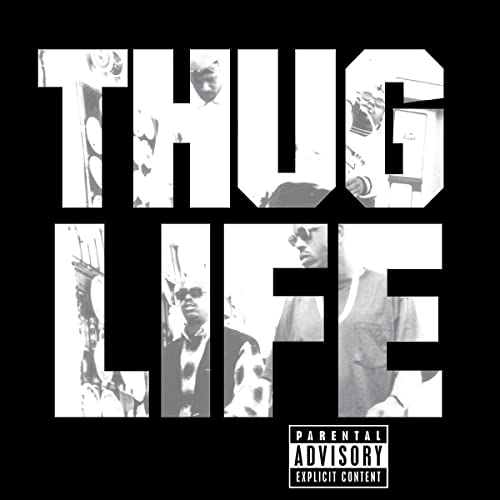 2Pac’s “Thug Life” album cover featuring black and white portraits and bold text.