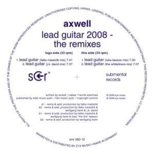 White vinyl record label with blue text: "Lead Guitar 2008 - The Remixes".