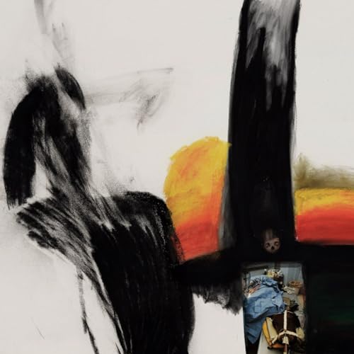 Abstract album cover with black brushstrokes, yellow and red color blocks.