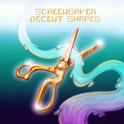 Album cover for Screensaver’s “Decent Shapes” featuring golden scissors and blue swirls.