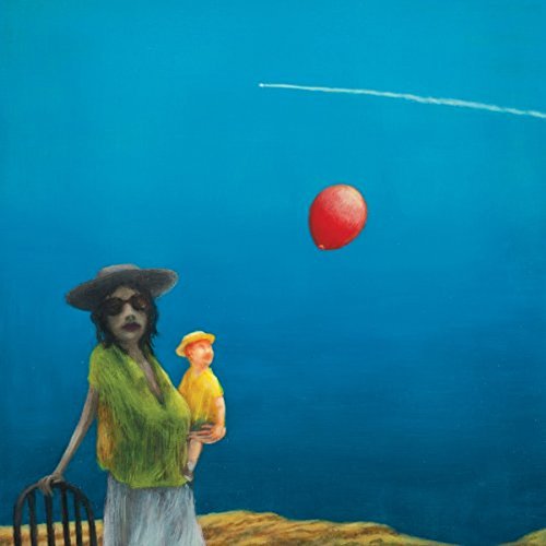 Painting of a woman and child with a red balloon in a blue sky.