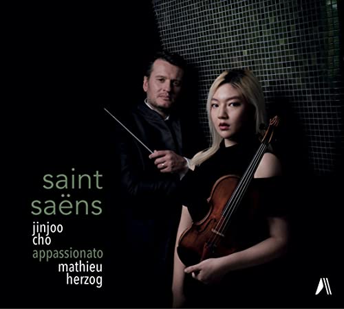 CD cover featuring a violinist and conductor with text “saint saëns”.