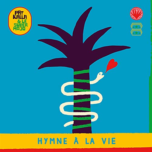 Vinyl record cover: purple palm tree, white snake, red heart, blue background.