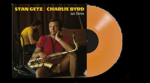 Jazz Samba vinyl record with orange disc and album cover featuring musicians.