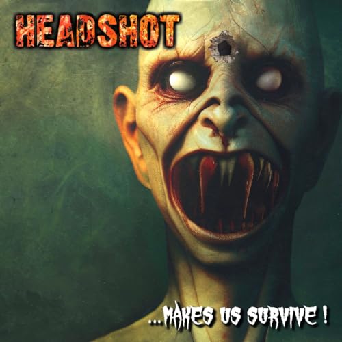 Zombie headshot album cover with blood, teeth, and glowing eyes.