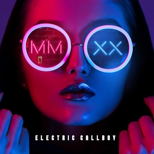 A person wearing round glasses with neon MM and XX reflections in red and blue.
