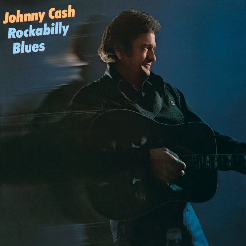 Johnny Cash playing acoustic guitar, album cover for "Rockabilly Blues".