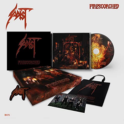 Sadist - Firescorched" CD packaging with band logo, dark imagery, and accessories.