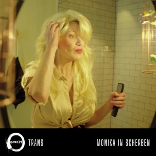 Blonde woman with long hair looks in a mirror, vinyl record text below.