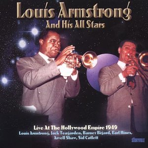 Louis Armstrong and Jack Teagarden playing trumpet and trombone against a starry background.