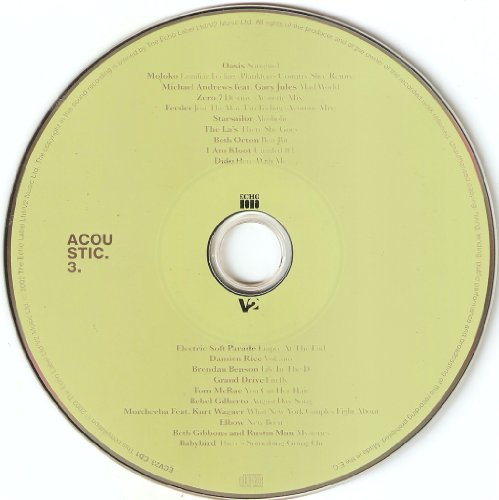 Lime green CD with black text listing song titles and artists.