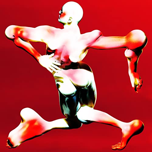 Abstract figure in a dynamic pose against a solid red background.