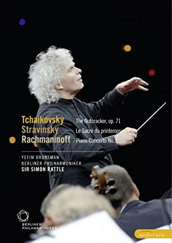 Conductor Simon Rattle with orchestra, DVD cover for Tchaikovsky and Stravinsky.