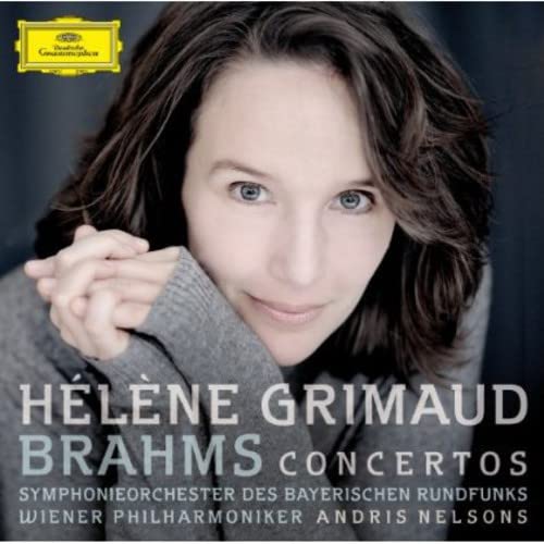 CD cover featuring pianist Hélène Grimaud and text “Brahms Concertos”.