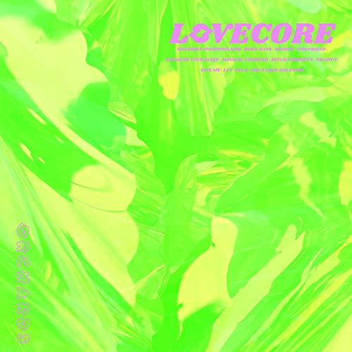 Bright green vinyl LP cover with blurred, swirling textures and pink text.