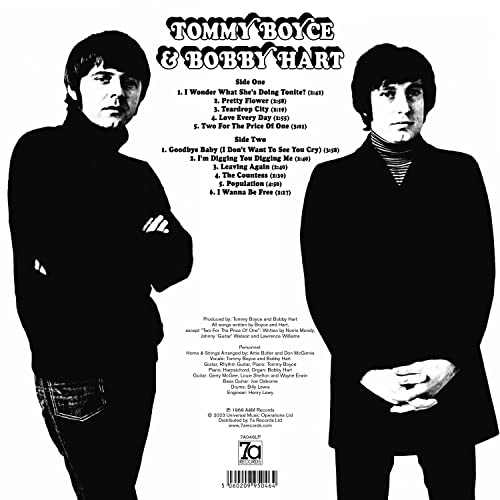 Record album back cover featuring two men and song titles in white text.