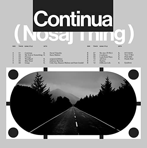 CD cover for Nosaj Thing's "Continua" featuring a mountain road landscape.