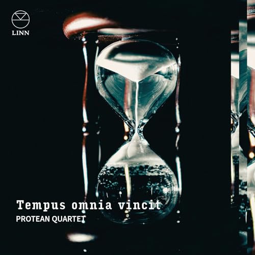 Hourglass with falling sand against a dark background, CD cover art.