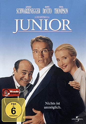 “Junior” DVD cover featuring Arnold Schwarzenegger, Danny DeVito, and Emma Thompson.