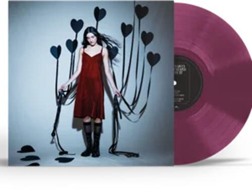 Album cover with a woman and heart shapes, alongside a red vinyl record.