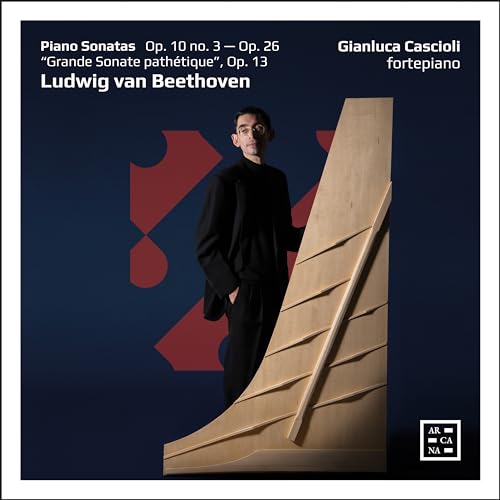 CD cover: Pianist Gianluca Cascioli with abstract red and beige design.