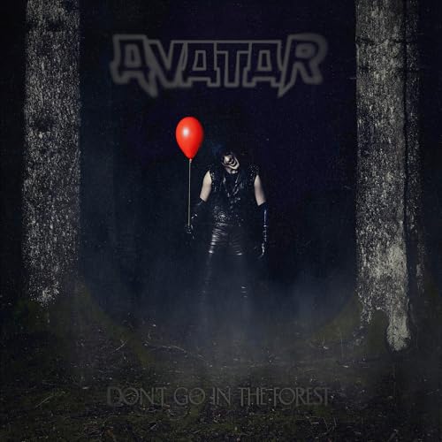 Dark forest scene with figure holding a red balloon, album cover.